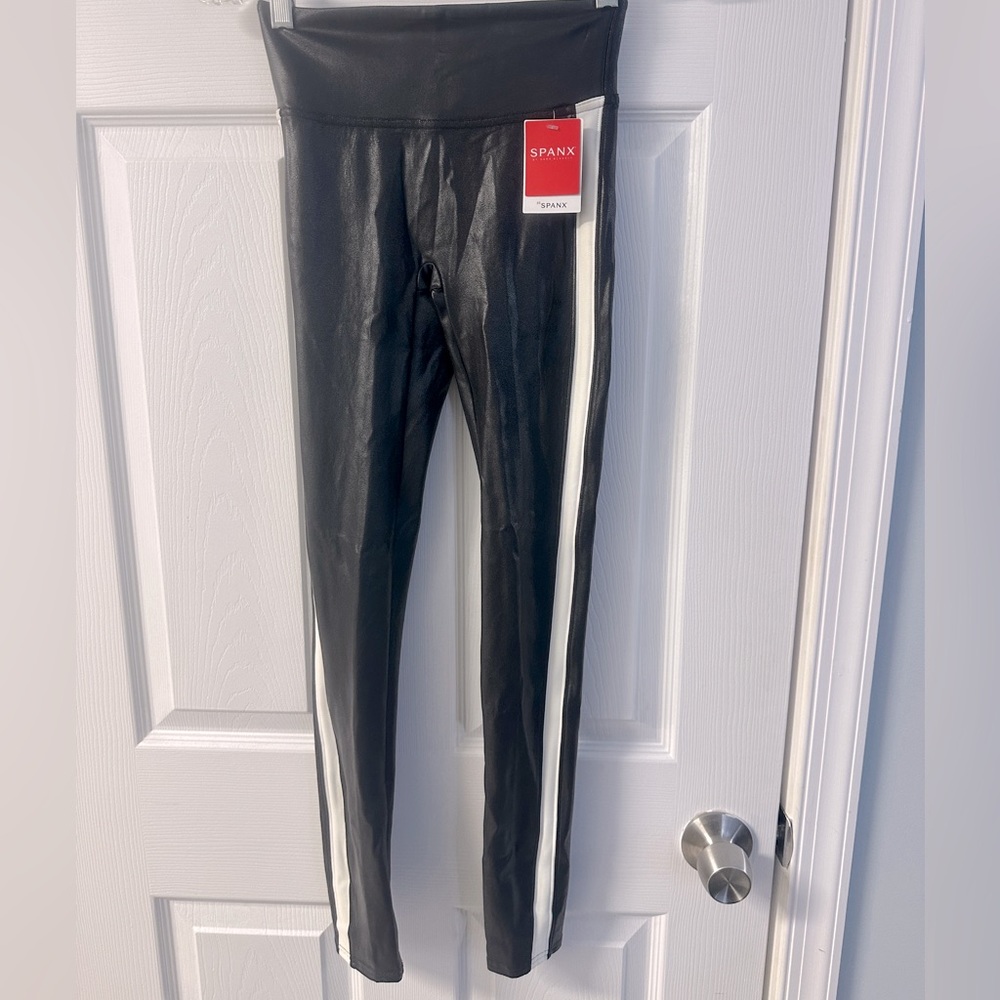 SPANX NWT faux leather with stripe pants